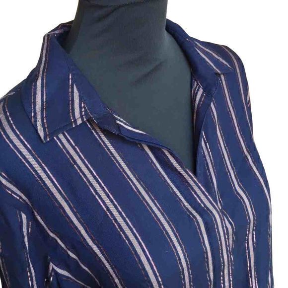 Bella Dahl Shimmer Stripe Tie Waist Open Collar Button Up Blouse Sz L - Picture 8 of 15